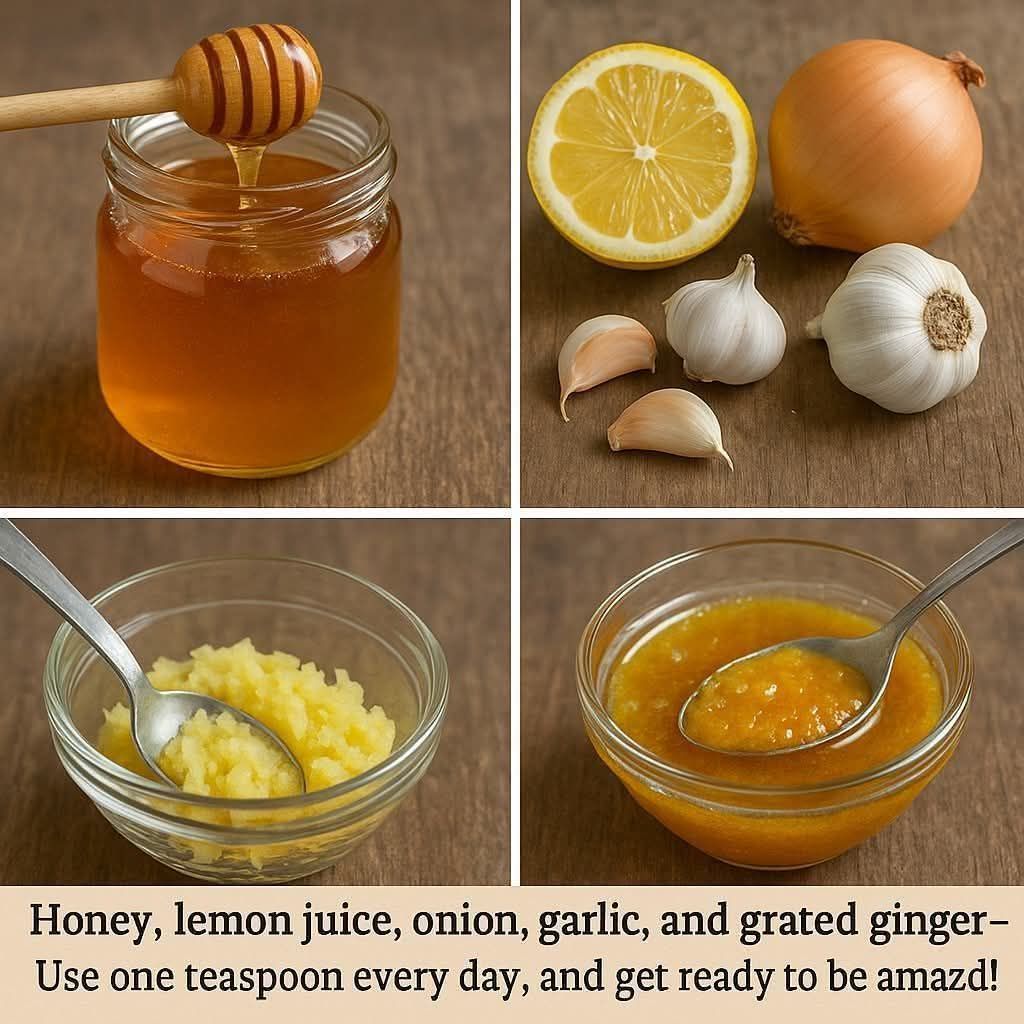 Honey, lemon juice, onion, garlic and grated ginger – Use one teaspoon every day, and prepare to be amazed!