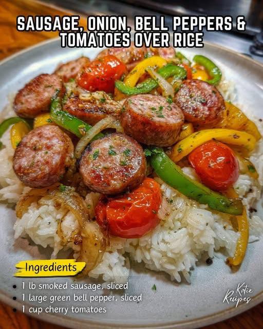 Sausage, Onion, Bell Peppers & Tomatoes over Rice