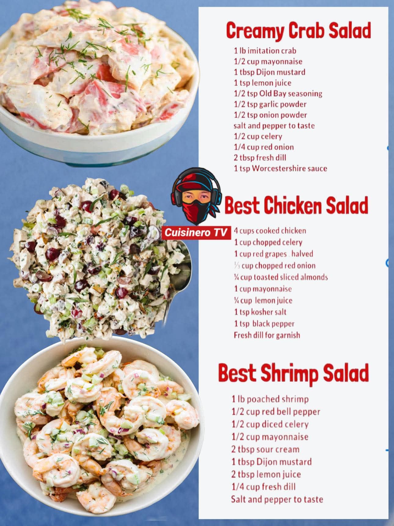 Summer-ready salads  Chicken, Shrimp, and Crab delights!