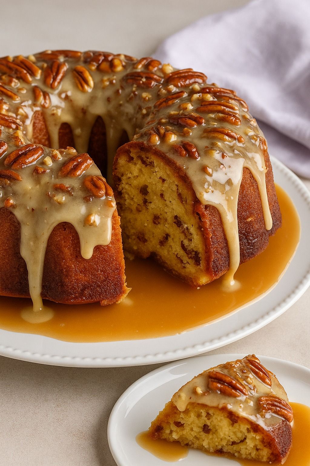 Buttered Pecan Pound Cake with Vanilla & Caramel Glaze