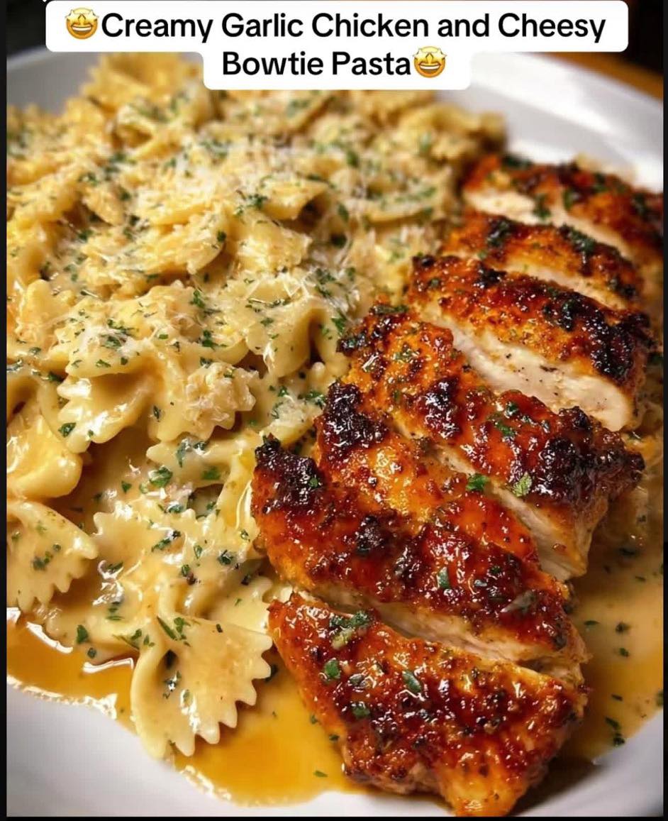 One Pan Creamy Garlic Chicken &Cheesy Bowtie Pasta